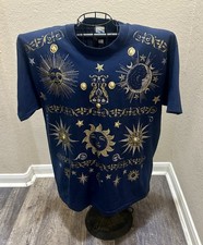 Vintage 90s Blue Celestial Sun Moon Stars Graphic T-Shirt One Size - Up to Large picture