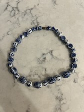 Vintage Blue White Porcelain Bead Necklace Chinoiserie Asian Symbols 15” picture