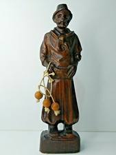Vtg Hand Carving Wood Hunter Man with rope beads 9.5