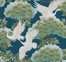 Wallpaper Sprig & Heron Dark Blue Green Brown Gold White , 60 sq ft Bolt picture