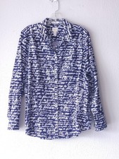 Chico's Size 3 Navy Script-Print Button-Up Shirt No-Iron Cotton Collection picture