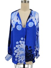 Themis Z Nefeli Printed Silk Satin Blouse Shirt Womens 42 Greece Flowy LS picture
