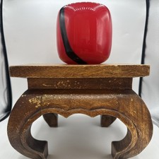 Vtg Art Glass Drum Shaped Vase Vibrant Red w/a Black Vertical Strike Line. picture