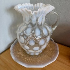 Vintage Fenton Opalescent Coin Dot Pitcher White Ruffled w/Hobnail Plate Set picture