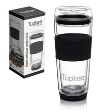 Tupkee Double Wall Glass Tumbler - 14-Ounce, All Glass Travel Mug & Lid - Black picture
