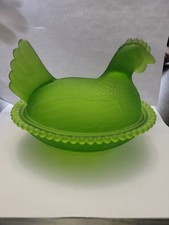 Vintage Indiana  Hen on Nest Dish. 7” Satin Frosted Lime Green picture