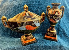 Antique Moriyama Mori-Machi Satsuma Set, Center Koro and Pedestal Vase, 1920's picture
