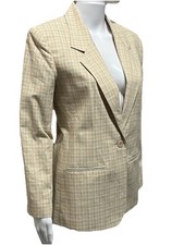 NWT Vintage Adolfo Studio Linen Blend Blazer Size P6 Beige Plaid Dark Academia picture