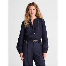 Madewell NZ418 Navy Pintuck Lace Trim Ruffle Neck Blouse Size M NWT Cotton picture