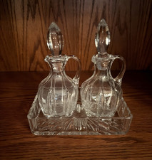 Vintage Pressed Glass Cruet Set Oil Vinegar Pair Stoppers Handles w/ Tray Mint picture