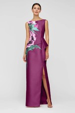 Kay Unger Mulberry Purple Luciana Placed Floral Mikado Column Gown Size 18 $358 picture