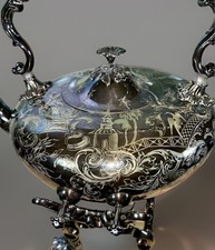 Elkington and Co.  Chased Silverplate Tilting Tea Kettle & Stand 16”x11x10.5” picture