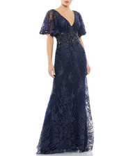 Mac Duggal Midnight Blue Embellished Illusion V-Neck Flutter Sleeve Gown 10 $798 picture