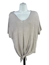 Chico's Women's Gray Metallic Tie Front Semi-Sheer Short Sleeve Shirt - 2/US L picture