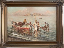 GIUSEPPE GIARDIELLO (Italia 1870-1920) Antique Oil Painting Fishermen Seascape picture