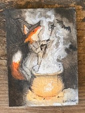 Origional Watercolor  ACEO Fox Witch and bat signed by artist Edith Schmidt picture