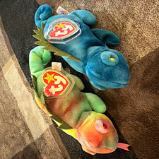 RARE Ty Beanie Babies Iggy Iguana Twin Set Tie-Dye & Blue 1997 Vintage MWMT picture