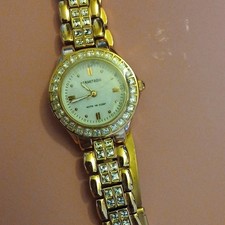 Armitron Women's Dress Gold-Tone Metal Bracelet Watch White Dial Gem Bezel picture