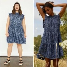ANTHROPOLOGIE Jenee Tiered Tunic Dress Printed Chambray Sz M {RR26} picture