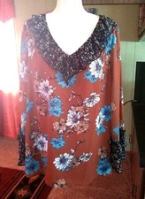 NEW WOMEN'S SUZANNE BETRO BROWN FLORAL LONG BELL SLEEVE V-NECK CHIFFON TOP L picture