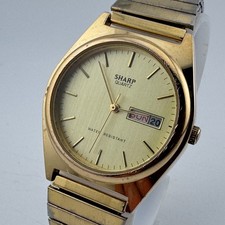 VTG Sharp Japan Quartz Watch Men Gold Tone Day Date Stretch Analog New Battery picture