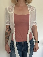 Vintage 70s White Cropped Blouse w/ Rose Lace Tie Front XS/Small  picture