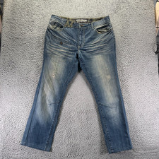 Vintage Akoo Jeans Men 38x30 Blue Cotton Denim Straight Faded Whiskered Workwear picture