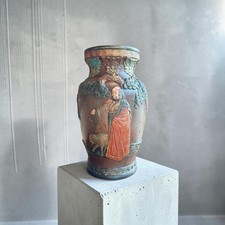 Antique Japanese Tokoname Terracotta Relief Sage Vase Meiji Period Signed 12.5