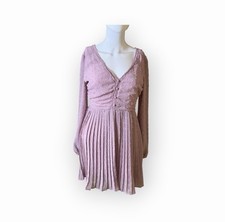 Lulus Dress Womens Small Dusty Rose Swiss Dot Pleated Long Sleeve Mini picture