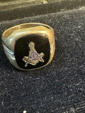 Vintage 10k Gold Mens Masonic Ring Black Stone Size 10 Free Mason picture