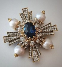 Antique/ Vintage 14K Yellow Gold Plated Signed Sapphire and Pearl Brooch Pendant picture
