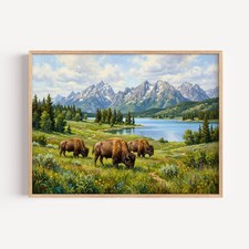 Grazing Brown Bison Mountain Landscape Wall Art, Serene Summer Meadow Lake Art picture