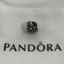 RARE Retired Pandora Two-Tone Dew Drops on Flowers Onyx Diamond Charm 790540O picture