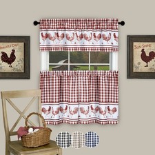 3PC Kitchen Curtain Set, Check Gingham Plaid Rooster, Tier Panels and Valance picture