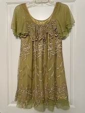NEW DARLING Vintage Style Embroidered Mesh Swing Dress Size XS, Mustard Green picture