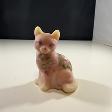 Vintage Fenton Glass Pink/White Satin Glass Burmese Cat Figure- Signed By Artist picture
