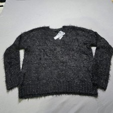 Pullover Sweater Womens XL Black Lurex Plush Eyelash Knit Fuzzy Soft picture