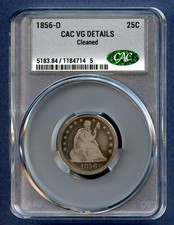 1856 O CAC VG Details Seated Liberty Quarter 25c US Mint Coin Silver 1856-O CACG picture