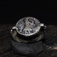 Vintage Roman Style Coin Swivel Ring Silver Plated Ancient Denarius Flip Band picture