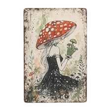 Mushroom Fantasy Forest Decor with Woman Figure and Metal Sign 8x12 Inch picture
