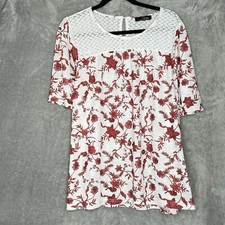 Suzanne Betro Women’s Top Blouse 1X White Red Floral Lace Neck Short Sleeve picture