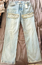 Good American Good Icon Straight Jeans High Rise Light Wash Blue Beaded 12 picture