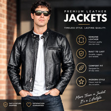 Men's Black Genuine Leather Cafe Racer Jacket – Slim Fit Biker Coat with Zippere picture