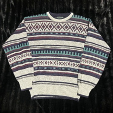 Vintage 90s Campus Men's Knit Crew Neck Geometric Pullover Sweater Size picture