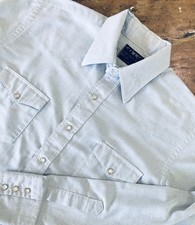 Vintage Wrangler Western Shirt Mens 15 x 33 M Pearl Snaps Blue Stripe Long Tails picture