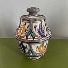 Vintage Moroccan Ceramic Jar Vase Urn w/ Lid Hand Painted w/ Silver Filigree 6” picture