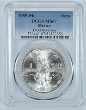 1985 Mo Mexico 1 Onza Silver Libertad MS67 PCGS Blue Label picture