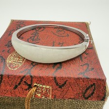 Carved Chinese Natural Jade Sterling Silver Hinged Bangle Bracelet 925 Djoy Nos picture