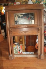Antique ca. 1890's Tiger Oak Fireplace Mantle With Overmantle Mirror & Shelf picture