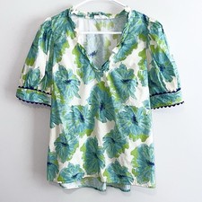 Entro Women's Boutique Floral Puff Sleeve Cotton Blouse Green/Blue Size Medium picture